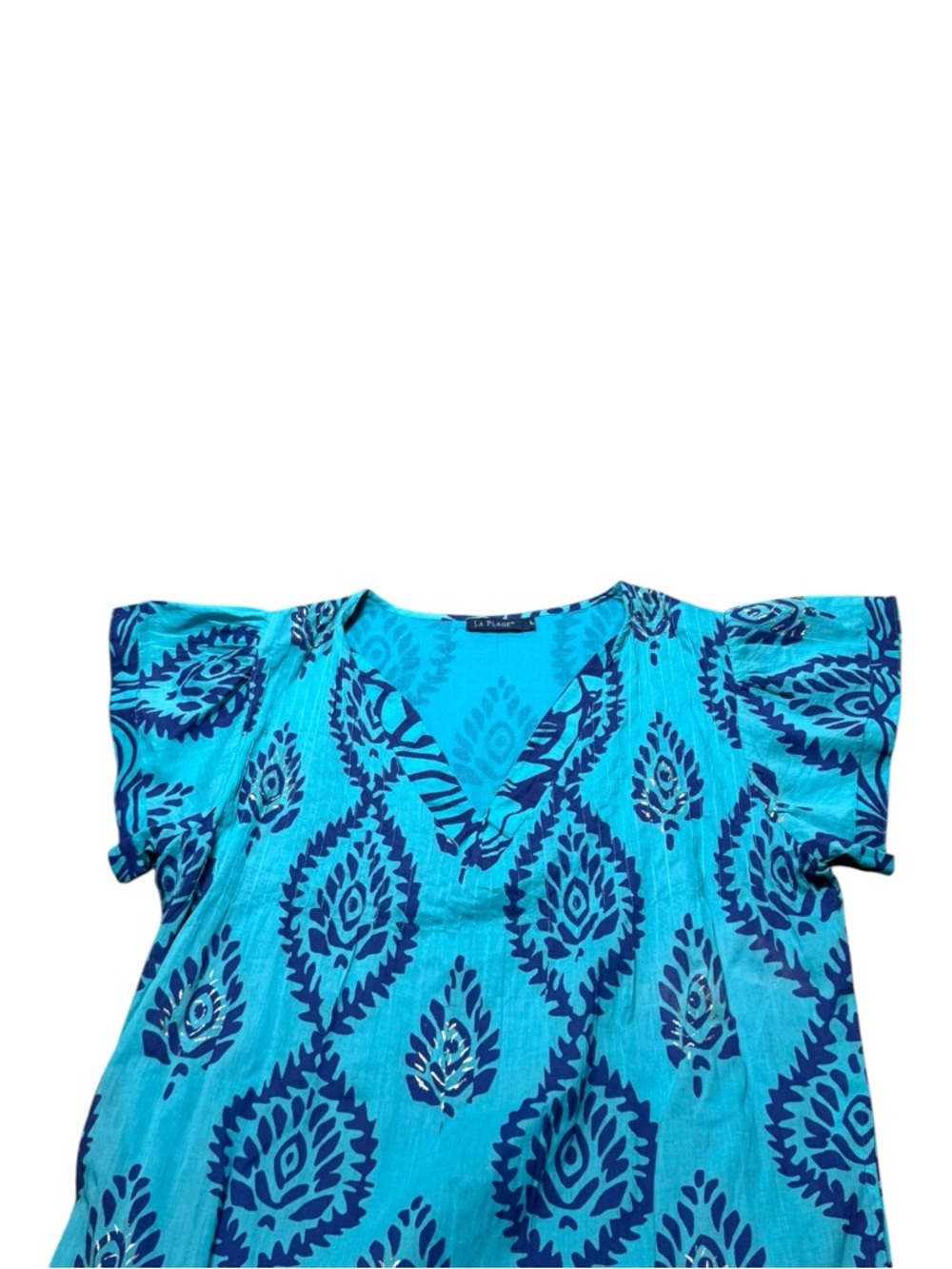 LA PLAGE Women’s Dress Large Maxi Cotton Turquoise Blue Boho Geometric Designer - Picture 8 of 11